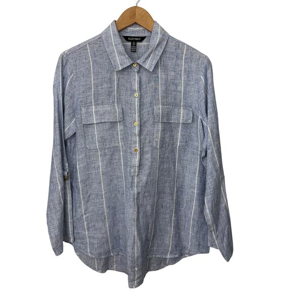 Ellen Tracy 100% Linen Top Womens Large Blue White Coastal Nautical Stripe - Picture 1 of 8